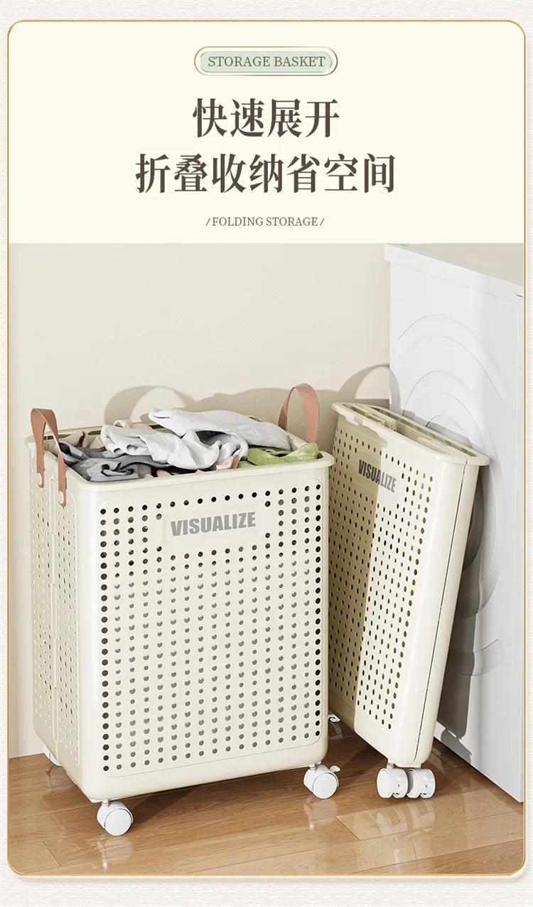Foldable dirty clothes basket, high aesthetic laundry basket with wheels for clothing storage.