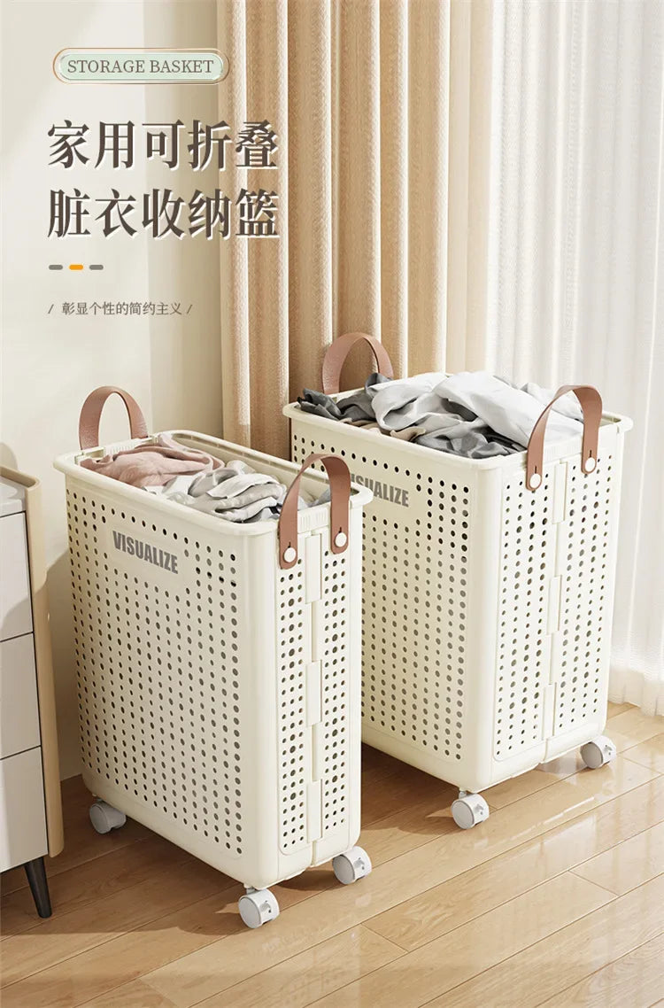Foldable dirty clothes basket, high aesthetic laundry basket with wheels for clothing storage.