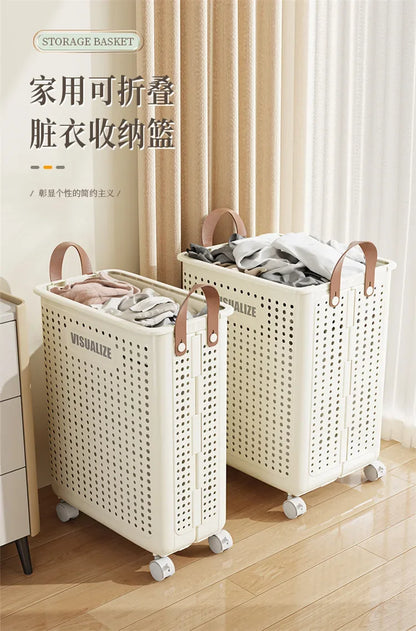 Foldable dirty clothes basket, high aesthetic laundry basket with wheels for clothing storage.