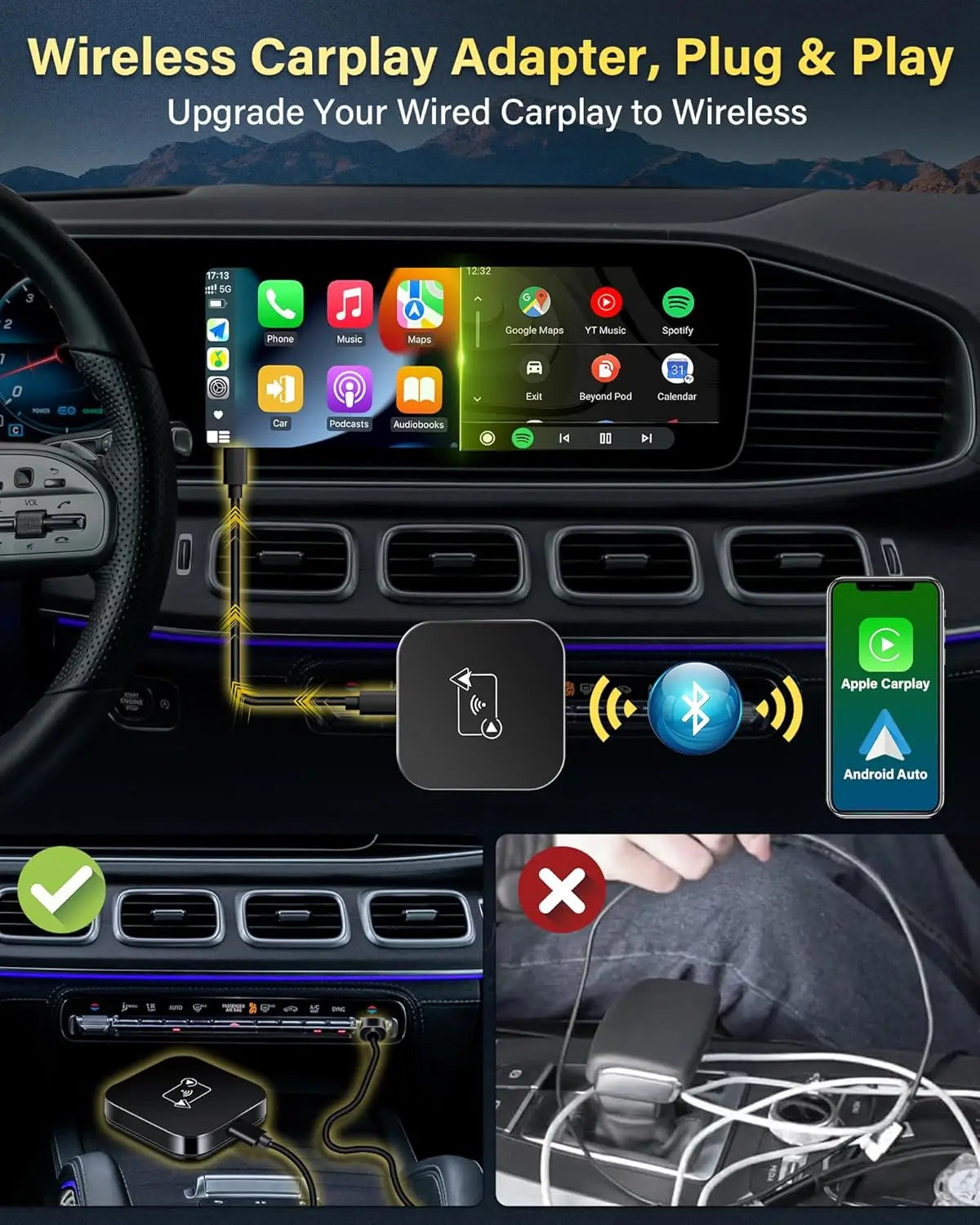 Wired to Wireless CarPlay & Android Auto 2 in 1 Adapter,Plug And Play Car Box For Mazda Toyota Nissan Hyundai Camry Audi Ford VW
