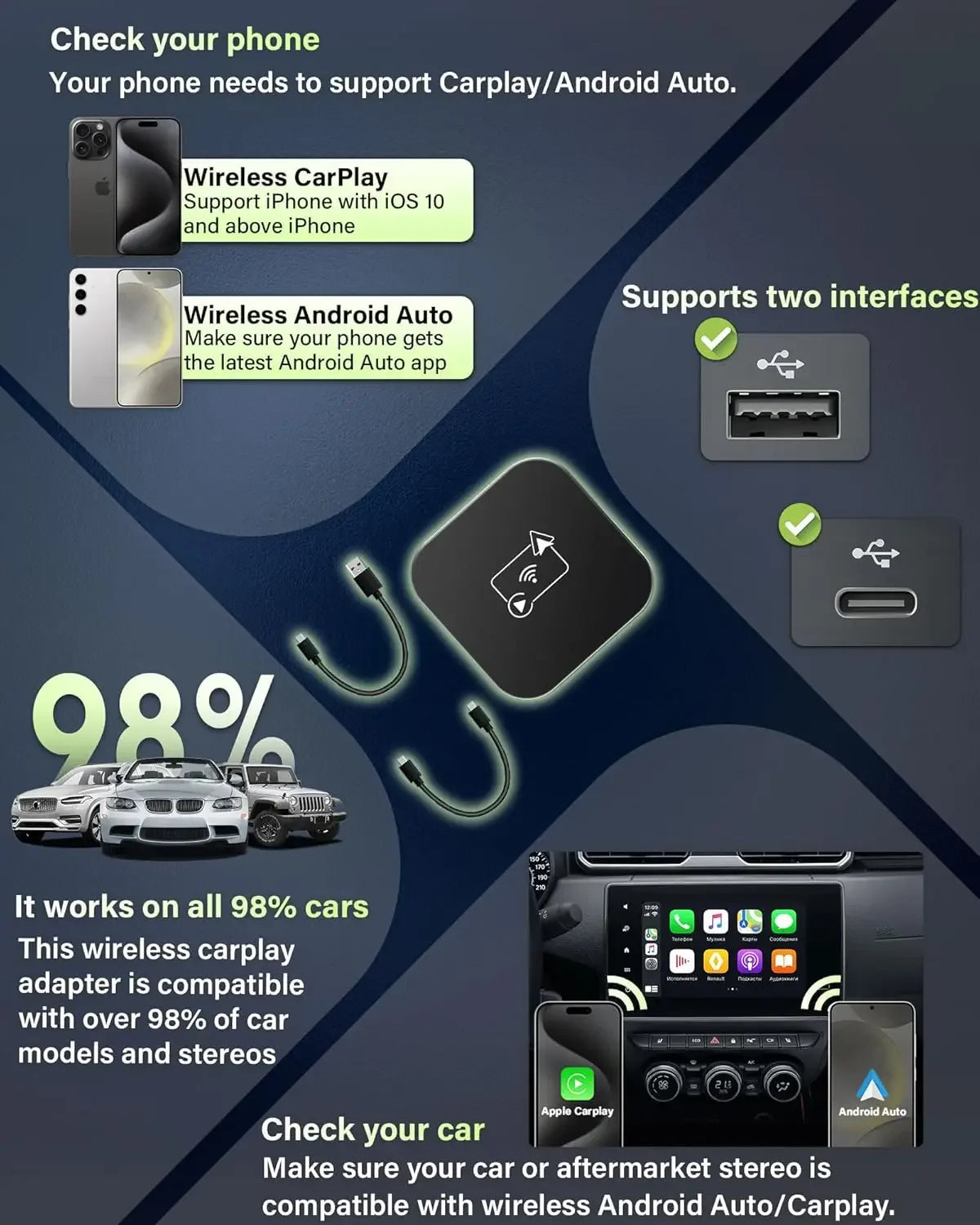 Wired to Wireless CarPlay & Android Auto 2 in 1 Adapter,Plug And Play Car Box For Mazda Toyota Nissan Hyundai Camry Audi Ford VW