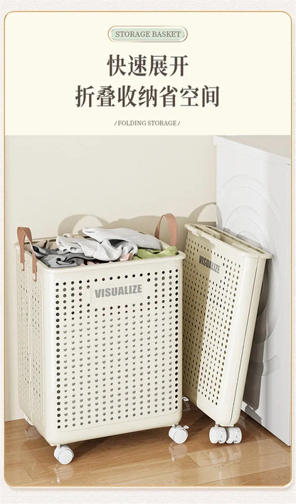 Foldable dirty clothes basket, high aesthetic laundry basket with wheels for clothing storage.