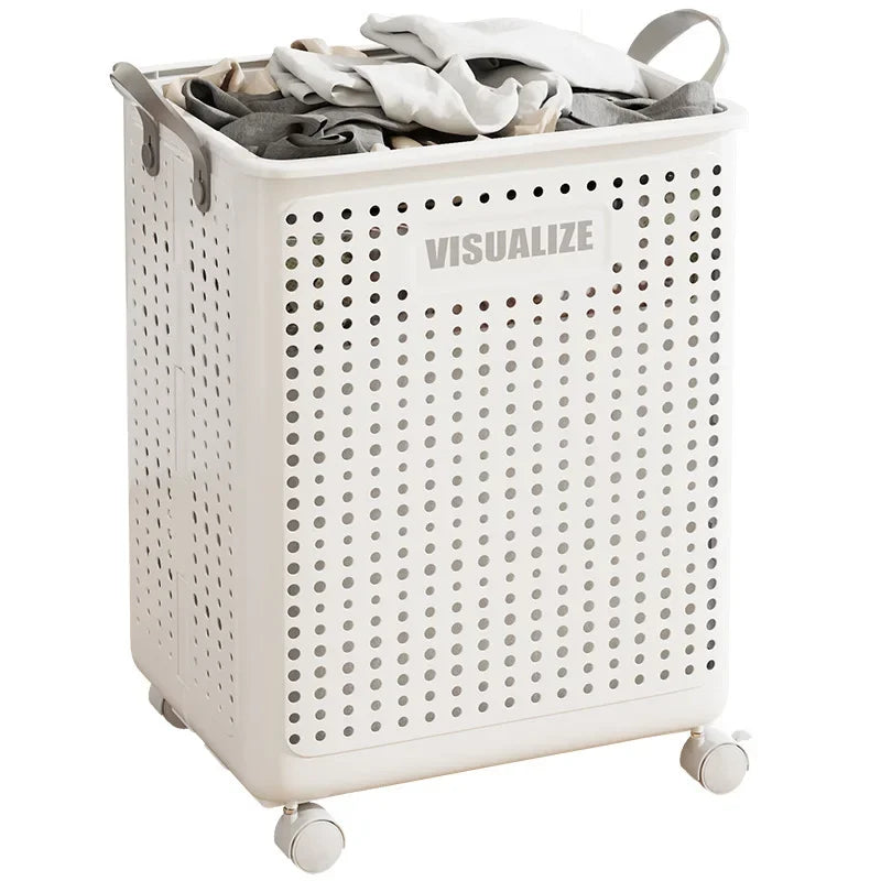 Foldable dirty clothes basket, high aesthetic laundry basket with wheels for clothing storage.
