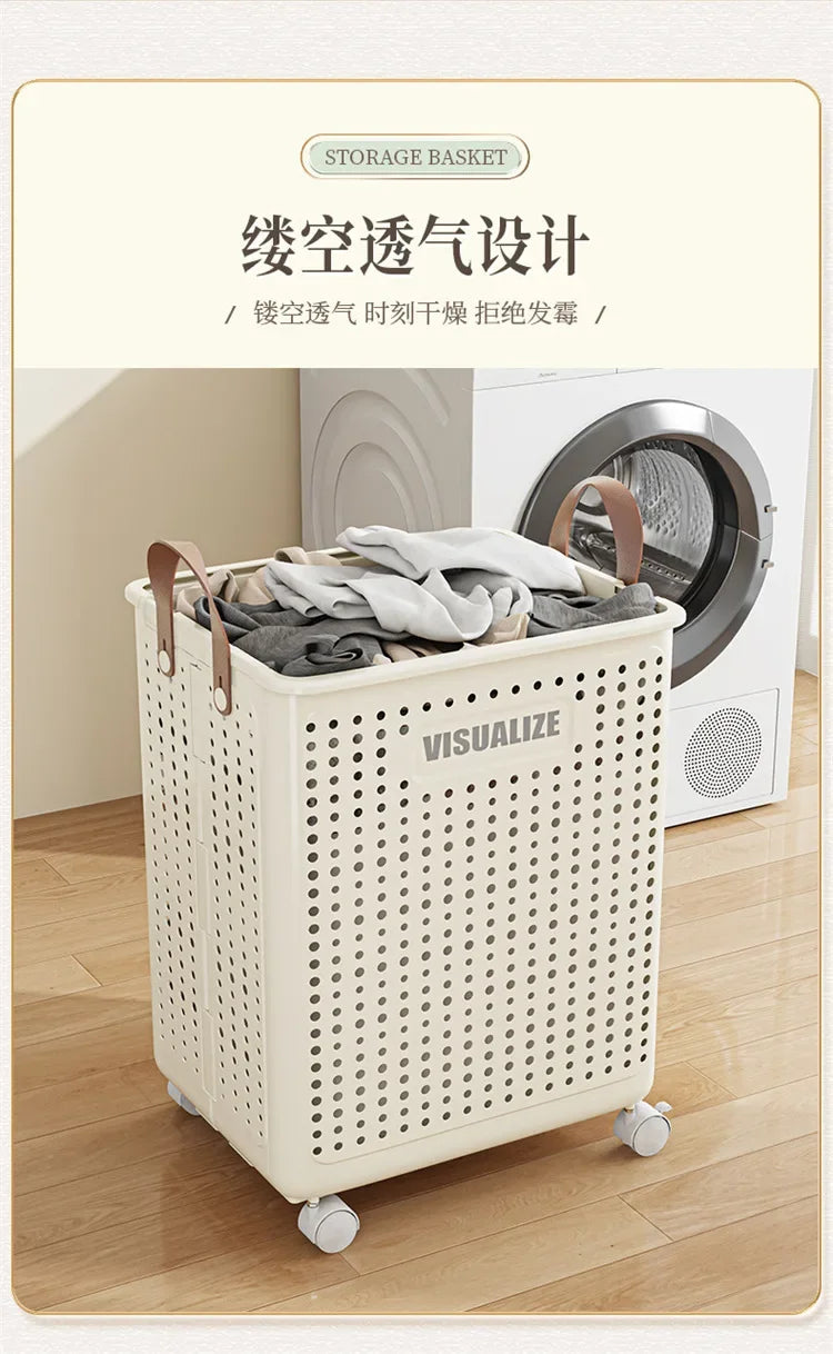 Foldable dirty clothes basket, high aesthetic laundry basket with wheels for clothing storage.
